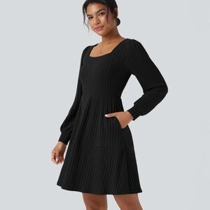 HALARA Ribbed Knit Square Neck Puff Long Sleeve Casual Dress with Pockets